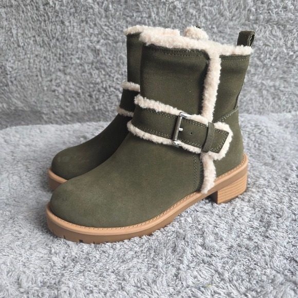 NEW Blondo Waterproof Olive Green Suede Faux Fur‎ Trim Buckle Ankle Boots 6M - Picture 1 of 6